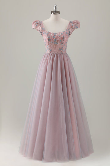 Grey Pink Floral A-Line Long Formal Dress with Short Sleeves